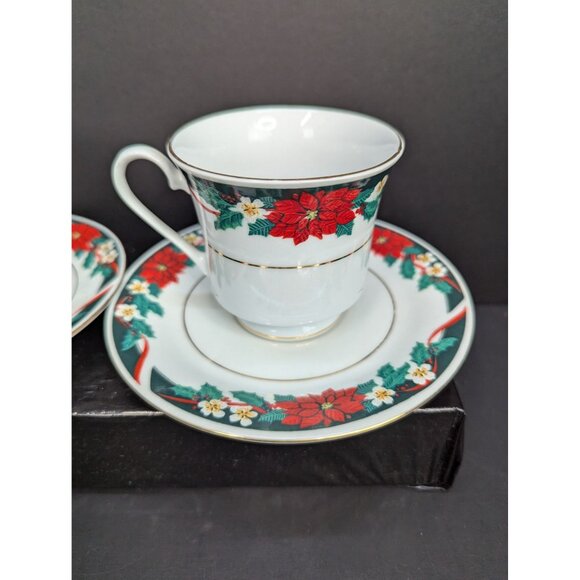 Tienshan Deck The Halls Footed Cup and Saucer Set 6 Oz Lot of 2 - Picture 5 of 10